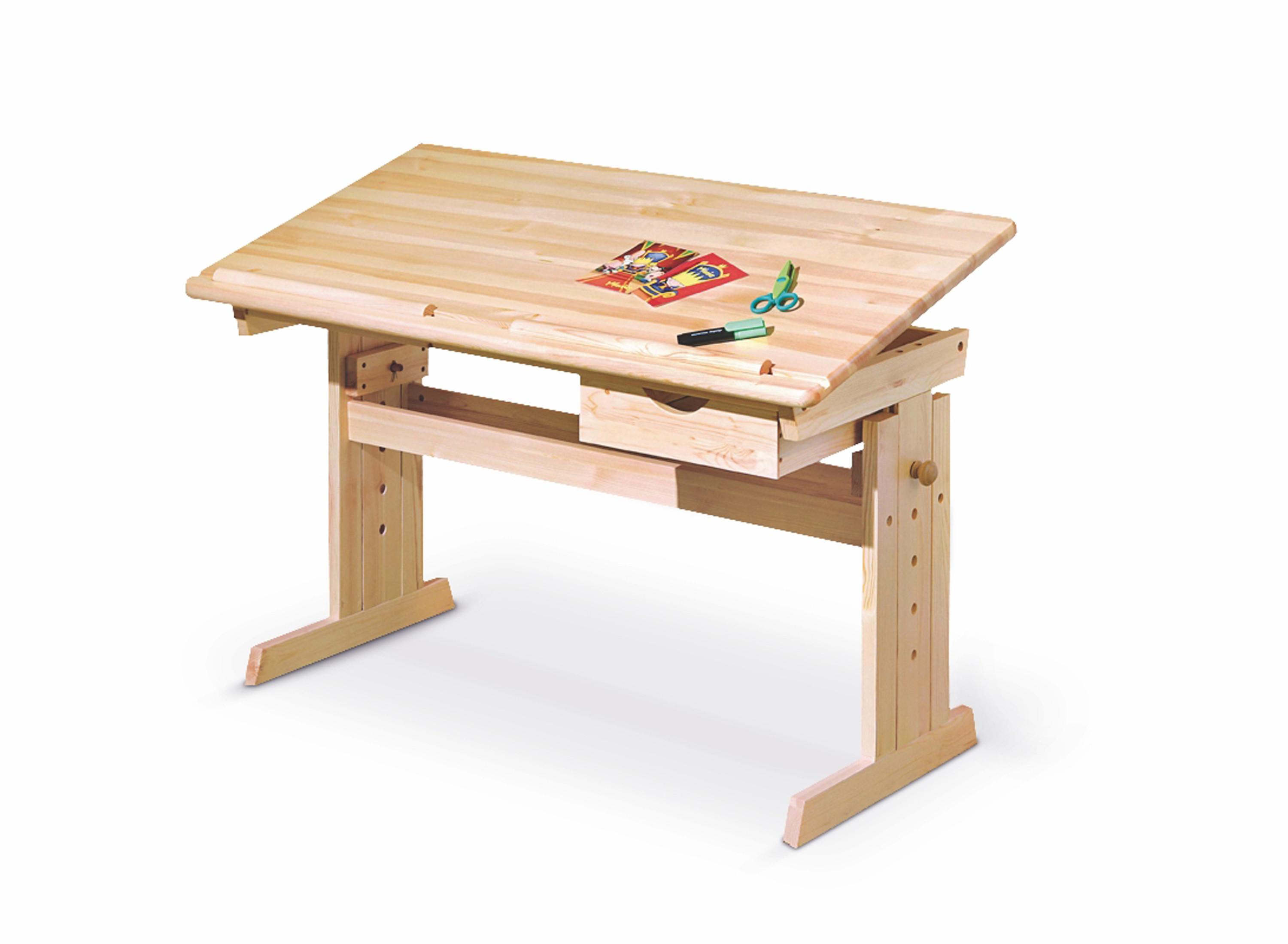 Birou copii, blat cu reglare inaltime si inclinatie, sertar, lemn de pin lacuit, 109x55x63-96 cm - imagine 4